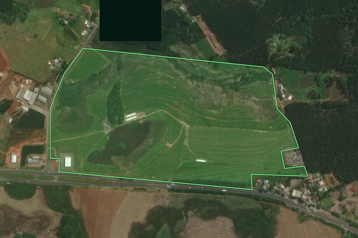Imagem de satélite do imóvel rural em Triunfo (RS), com o contorno declarado no CAR desenhado por cima.