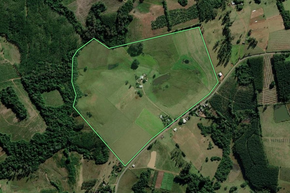 Imagem de satélite do imóvel rural em Triunfo (RS), com o contorno declarado no CAR desenhado por cima.