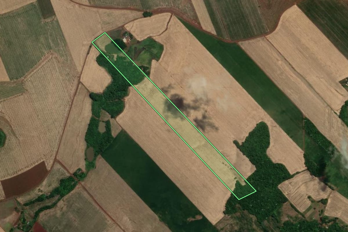 Imagem de satélite do imóvel rural em Tucunduva (RS), com o contorno declarado no CAR desenhado por cima.