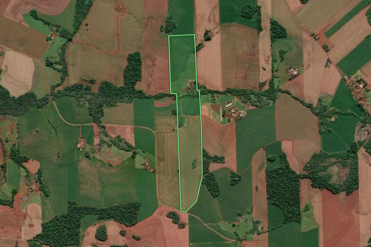 Imagem de satélite do imóvel rural em Tucunduva (RS), com o contorno declarado no CAR desenhado por cima.