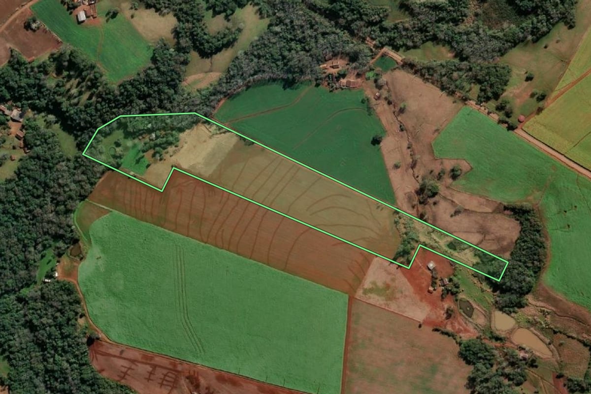 Imagem de satélite do imóvel rural em Tucunduva (RS), com o contorno declarado no CAR desenhado por cima.