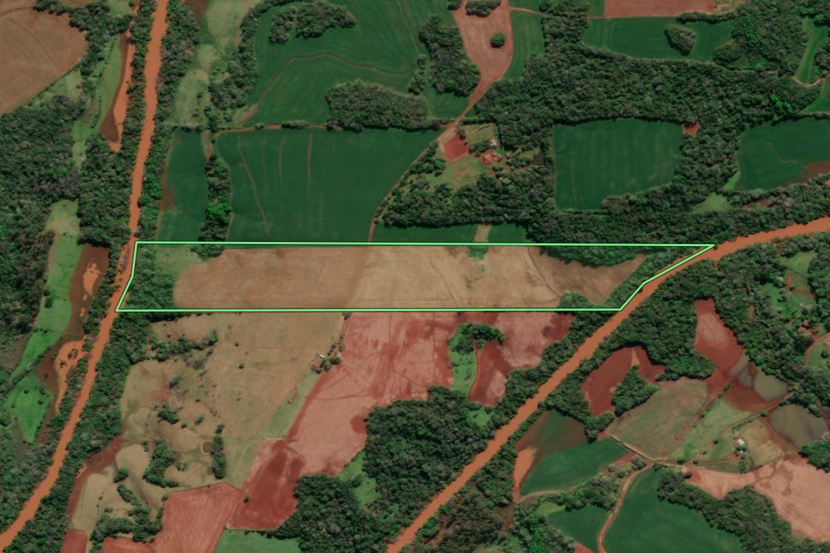 Imagem de satélite do imóvel rural em Tucunduva (RS), com o contorno declarado no CAR desenhado por cima.