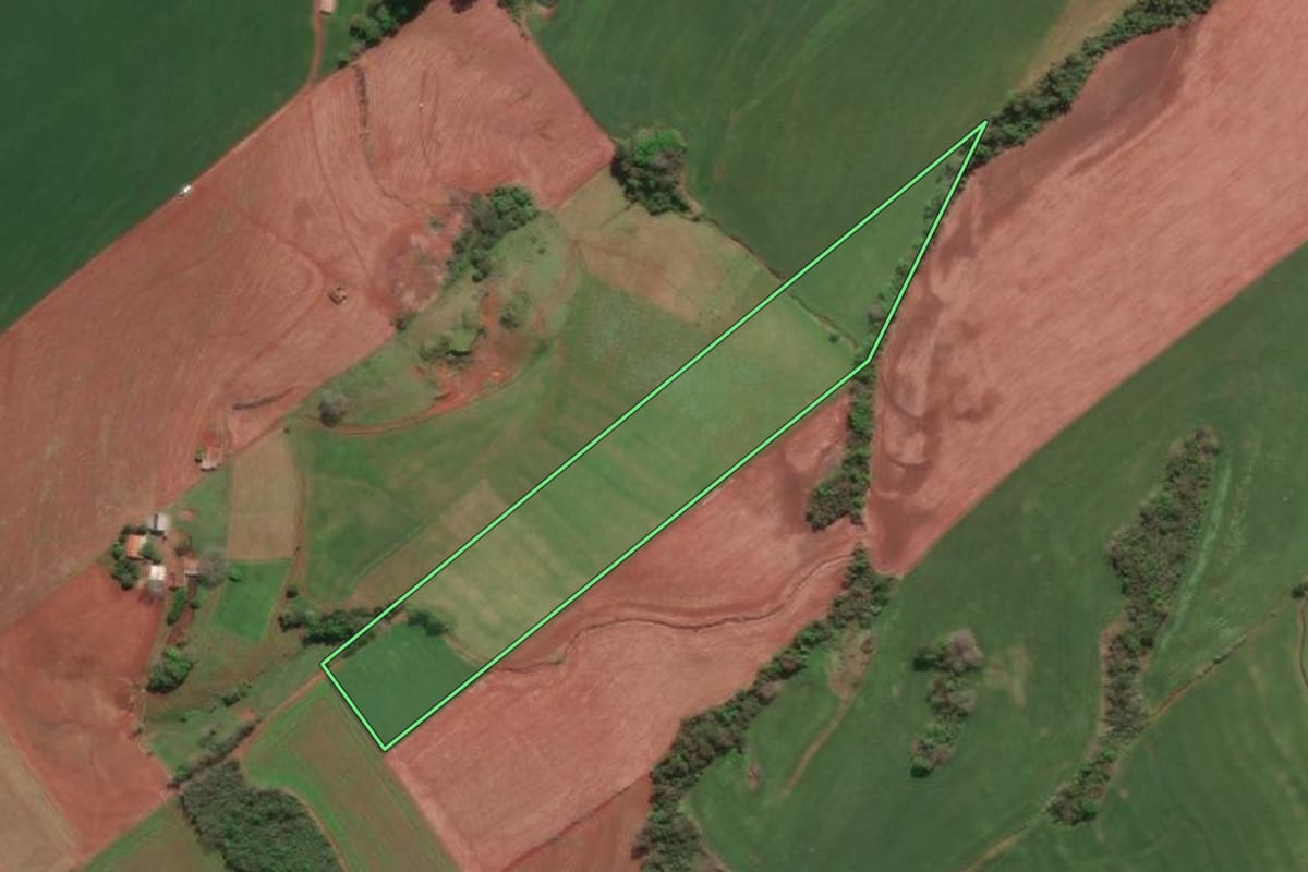 Imagem de satélite do imóvel rural em Tucunduva (RS), com o contorno declarado no CAR desenhado por cima.