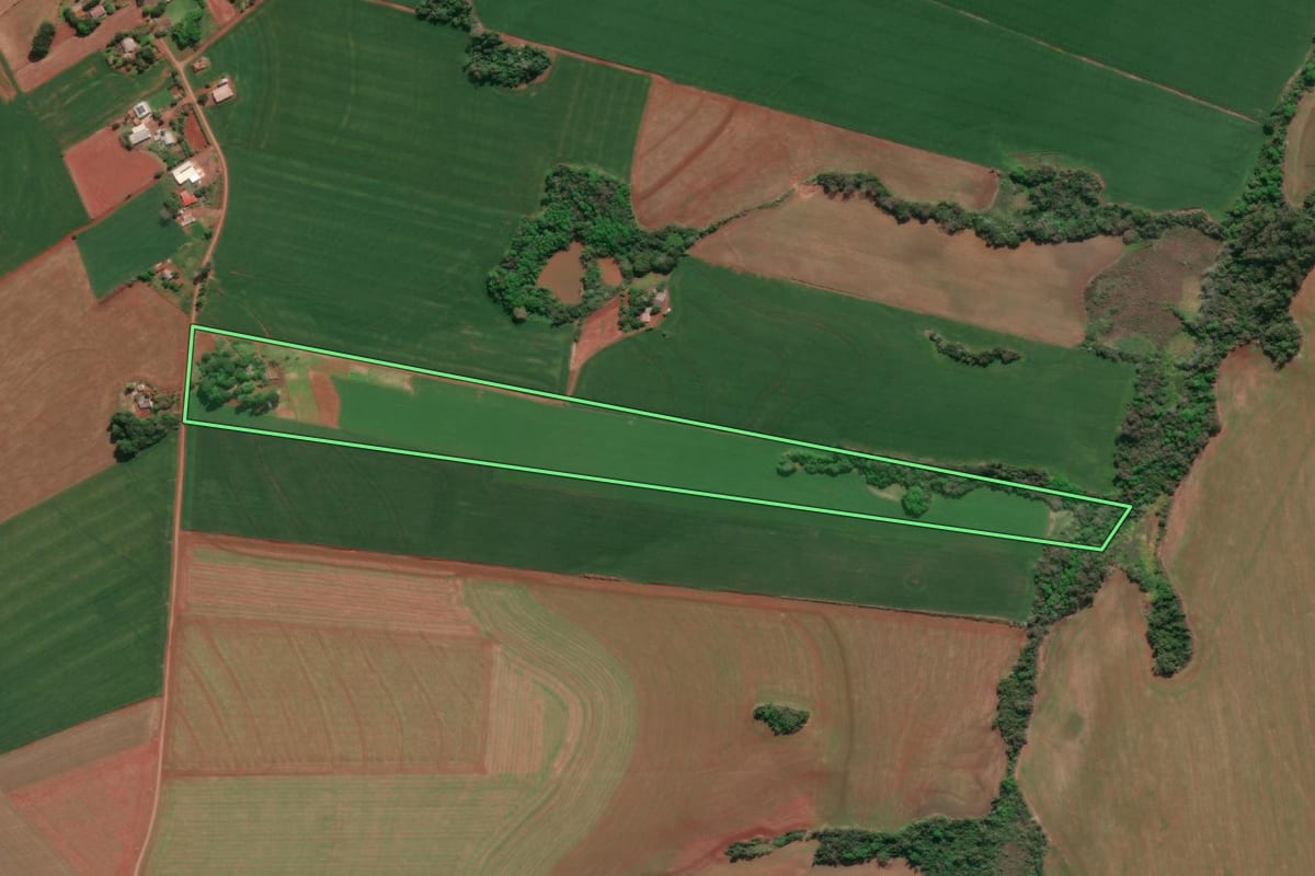Imagem de satélite do imóvel rural em Tucunduva (RS), com o contorno declarado no CAR desenhado por cima.