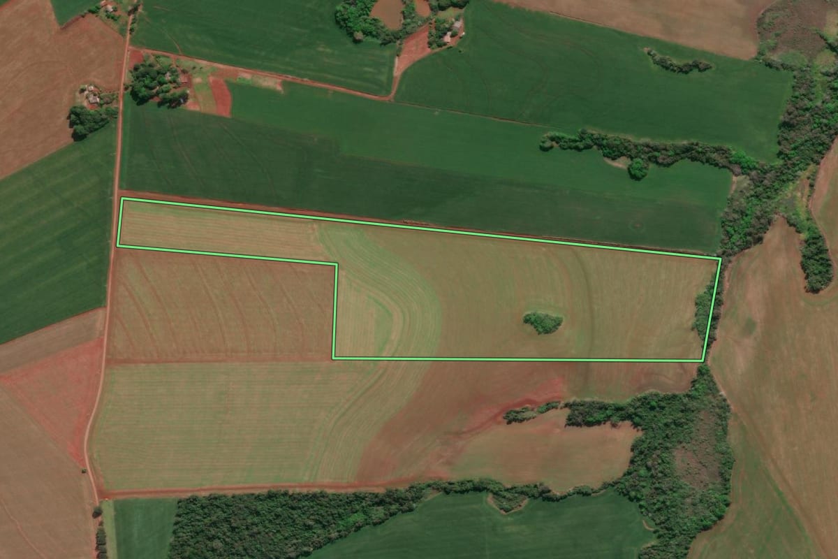 Imagem de satélite do imóvel rural em Tucunduva (RS), com o contorno declarado no CAR desenhado por cima.