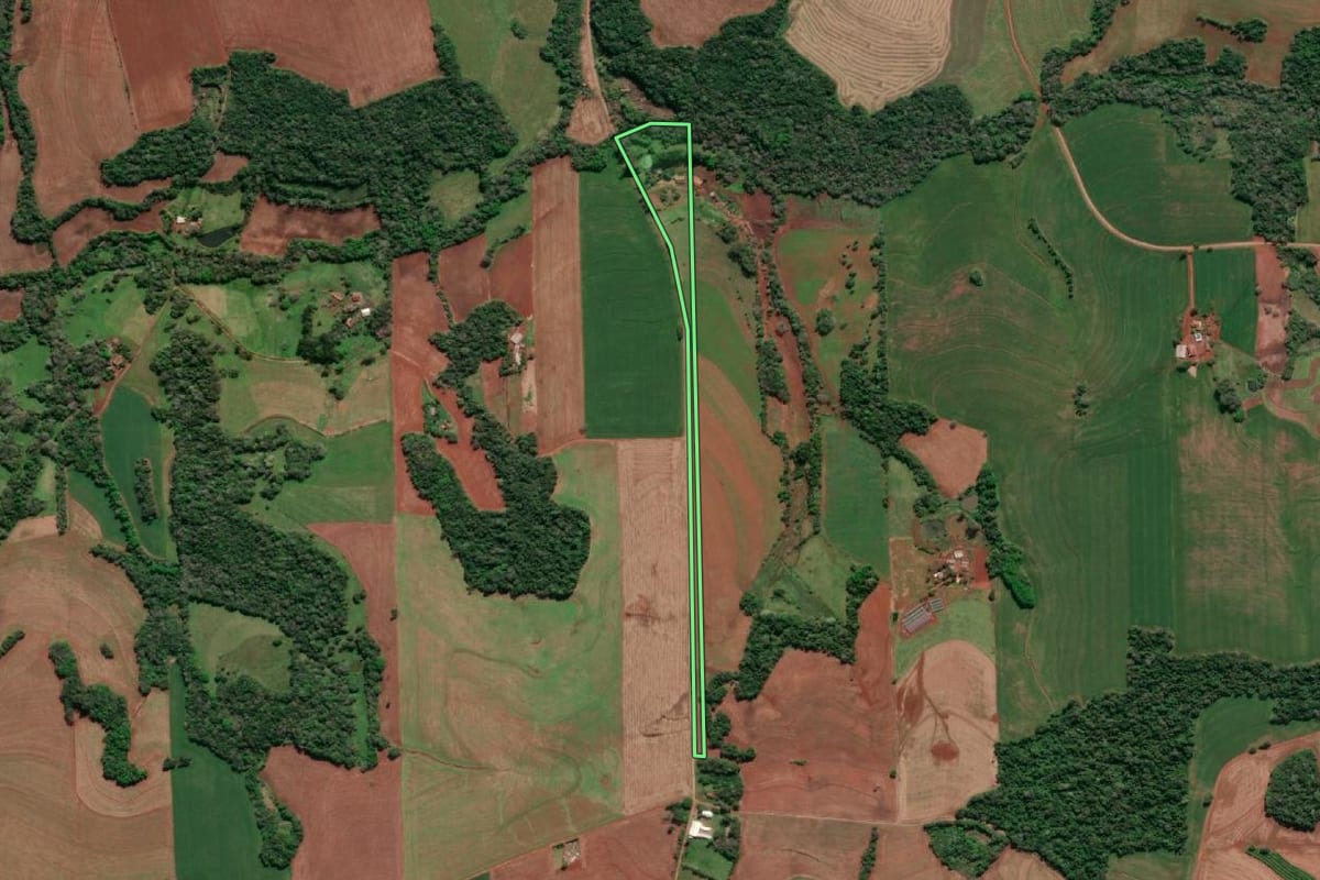 Imagem de satélite do imóvel rural em Tucunduva (RS), com o contorno declarado no CAR desenhado por cima.
