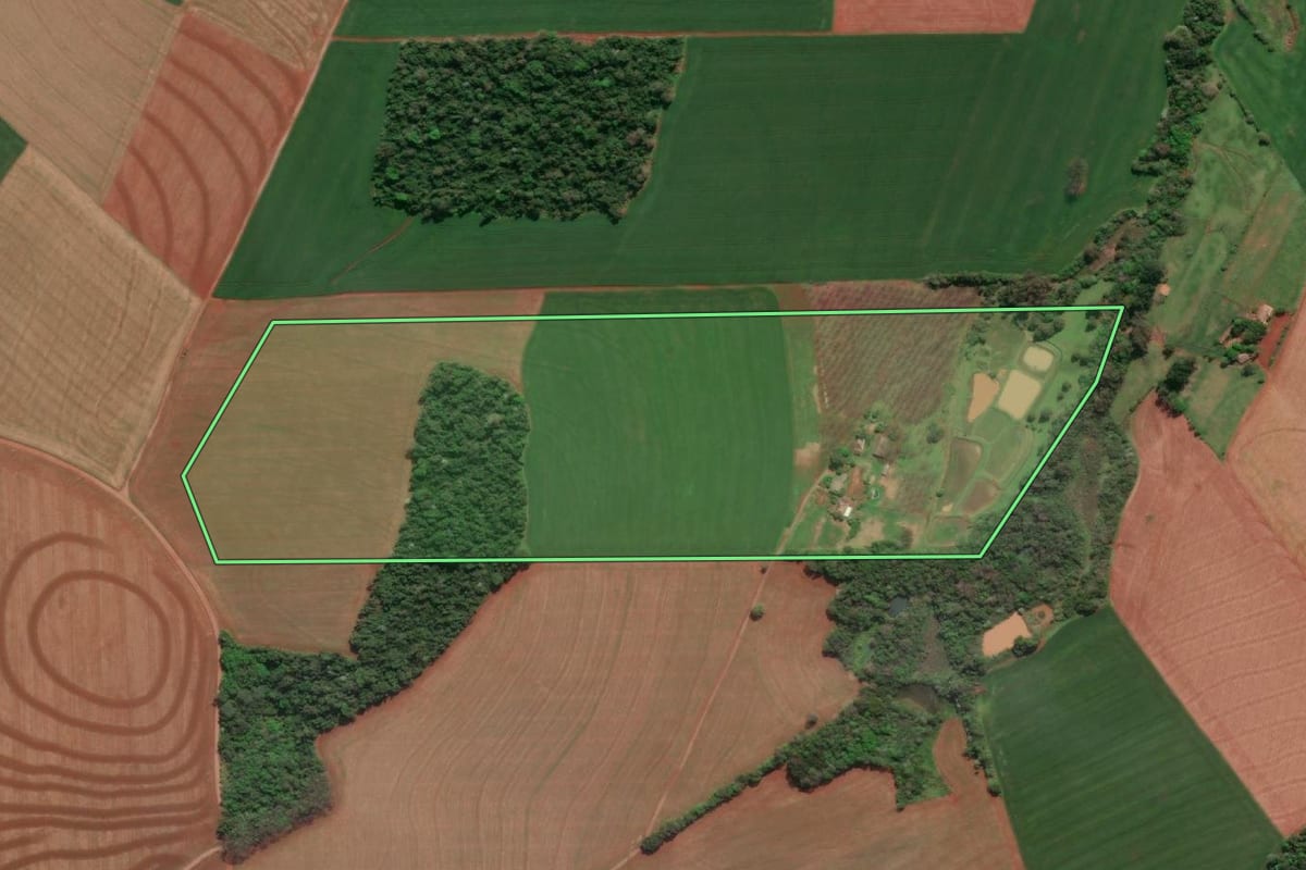 Imagem de satélite do imóvel rural em Tucunduva (RS), com o contorno declarado no CAR desenhado por cima.