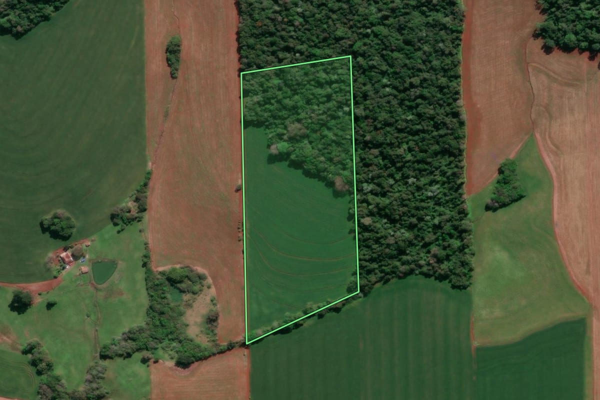 Imagem de satélite do imóvel rural em Tucunduva (RS), com o contorno declarado no CAR desenhado por cima.