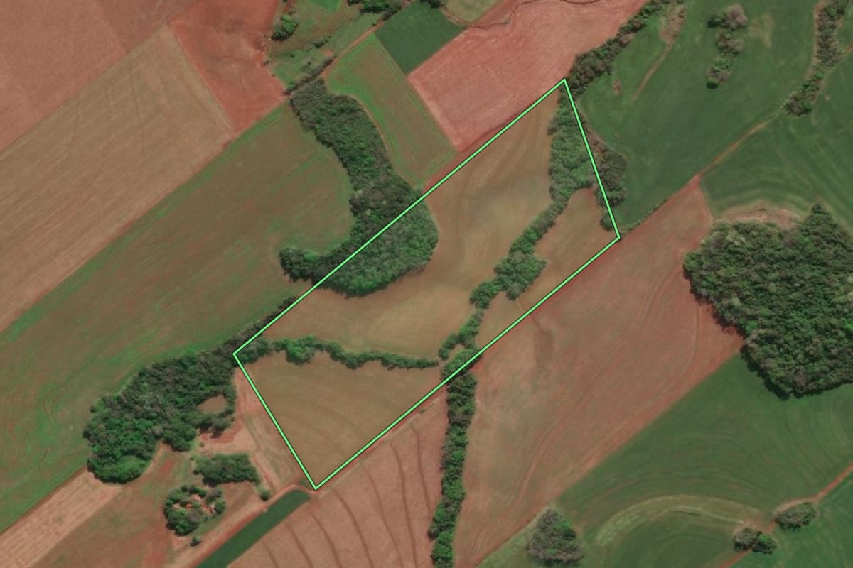 Imagem de satélite do imóvel rural em Tucunduva (RS), com o contorno declarado no CAR desenhado por cima.