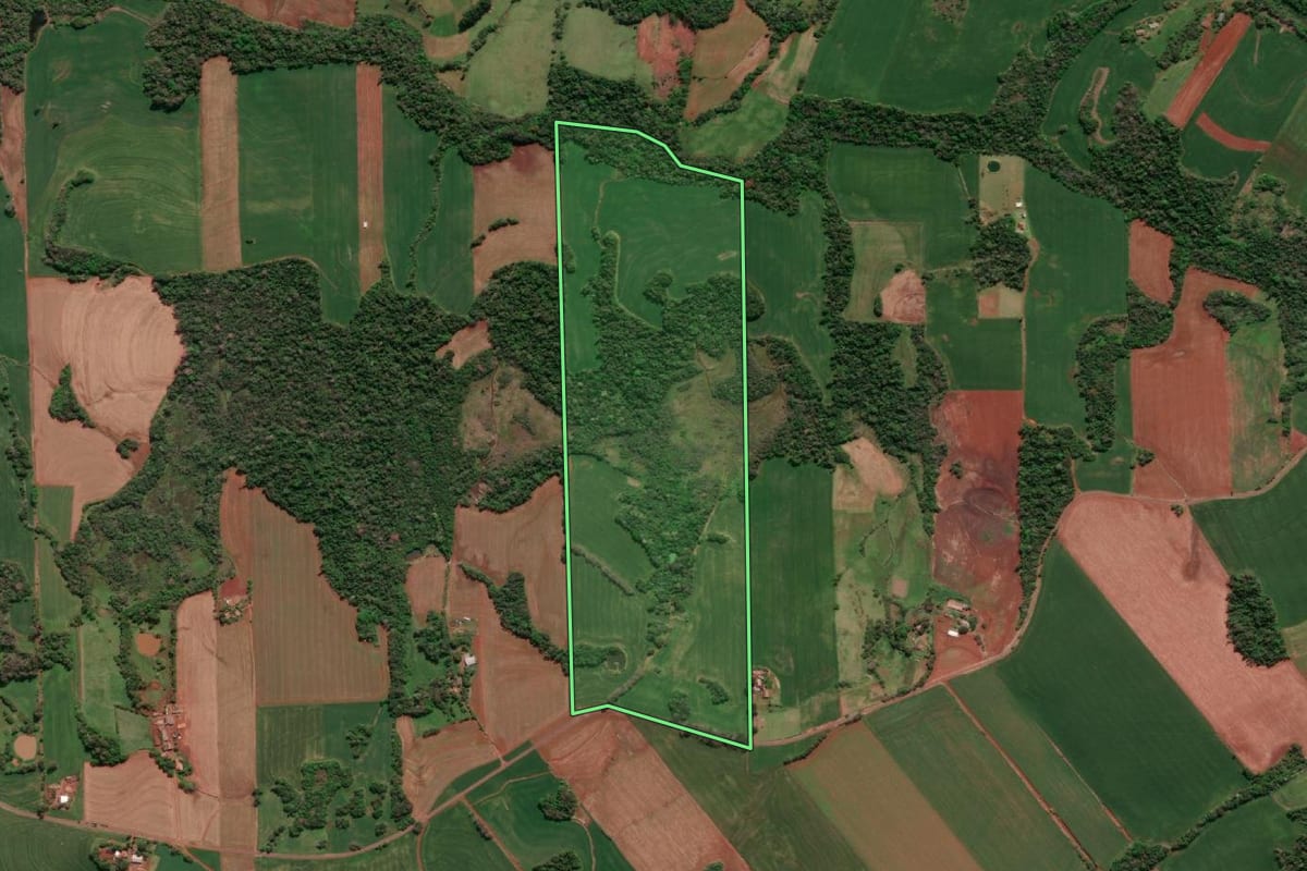 Imagem de satélite do imóvel rural em Tucunduva (RS), com o contorno declarado no CAR desenhado por cima.