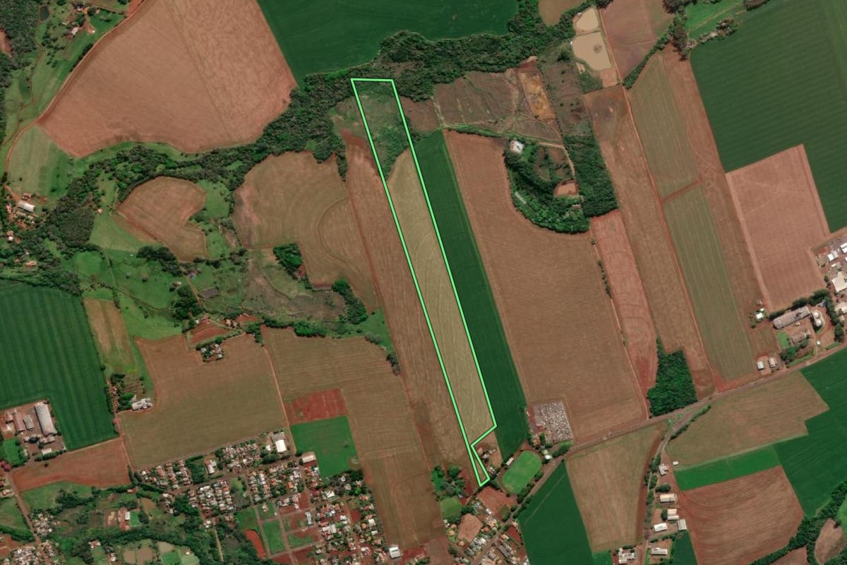 Imagem de satélite do imóvel rural em Tucunduva (RS), com o contorno declarado no CAR desenhado por cima.