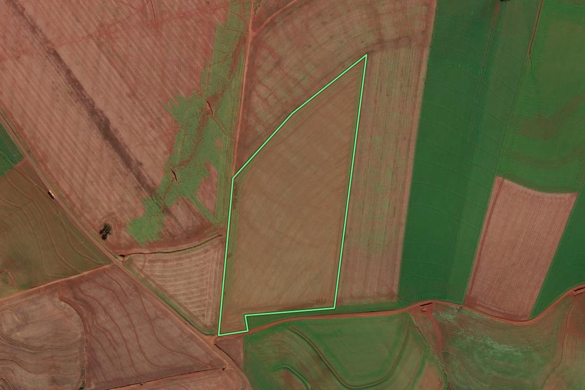 Imagem de satélite do imóvel rural em Tucunduva (RS), com o contorno declarado no CAR desenhado por cima.