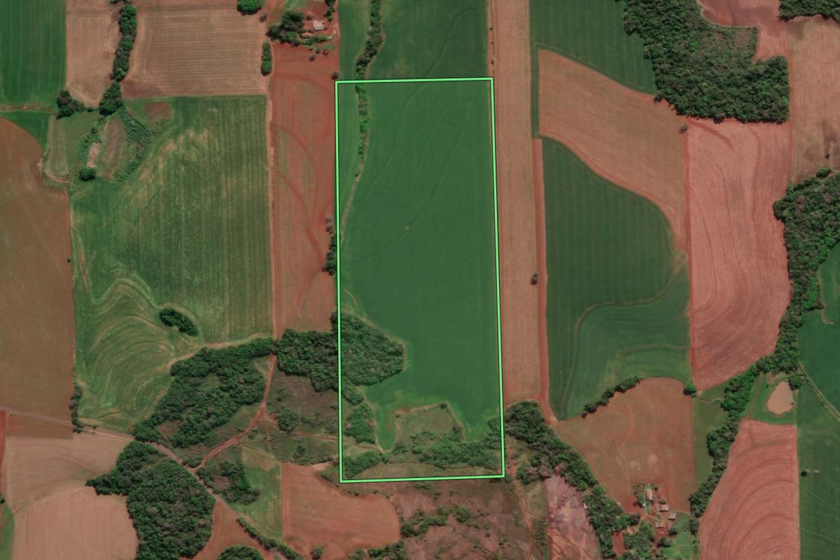 Imagem de satélite do imóvel rural em Tucunduva (RS), com o contorno declarado no CAR desenhado por cima.