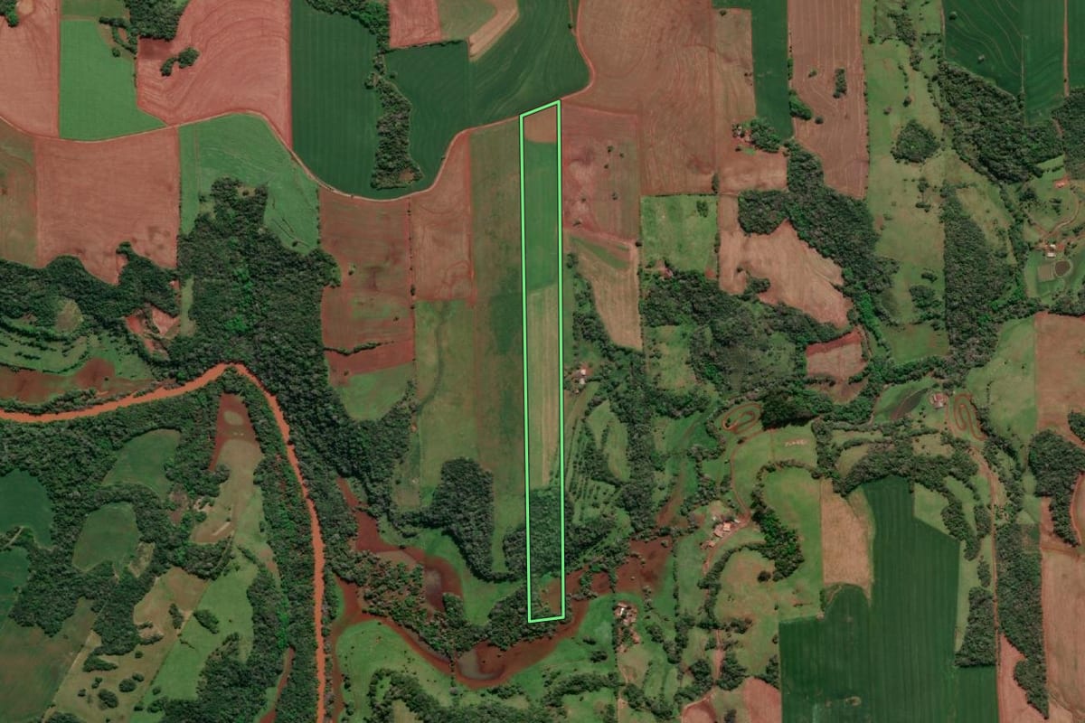 Imagem de satélite do imóvel rural em Tucunduva (RS), com o contorno declarado no CAR desenhado por cima.