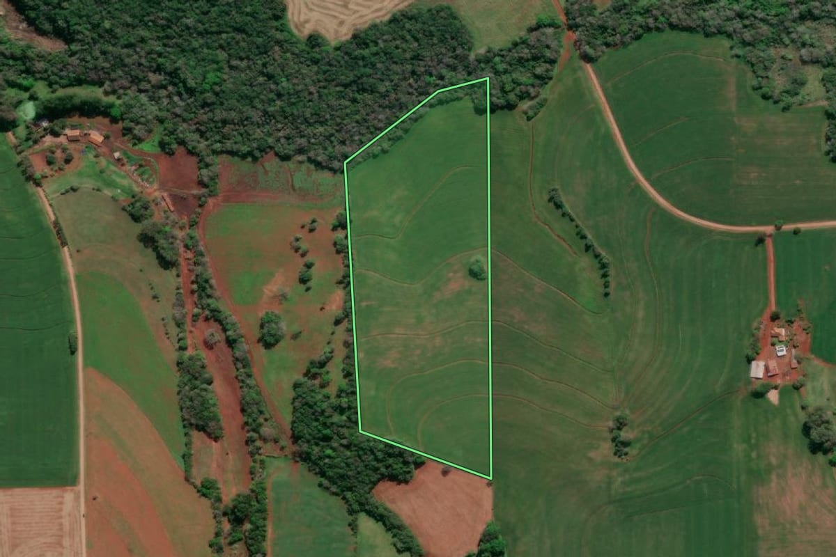 Imagem de satélite do imóvel rural em Tucunduva (RS), com o contorno declarado no CAR desenhado por cima.