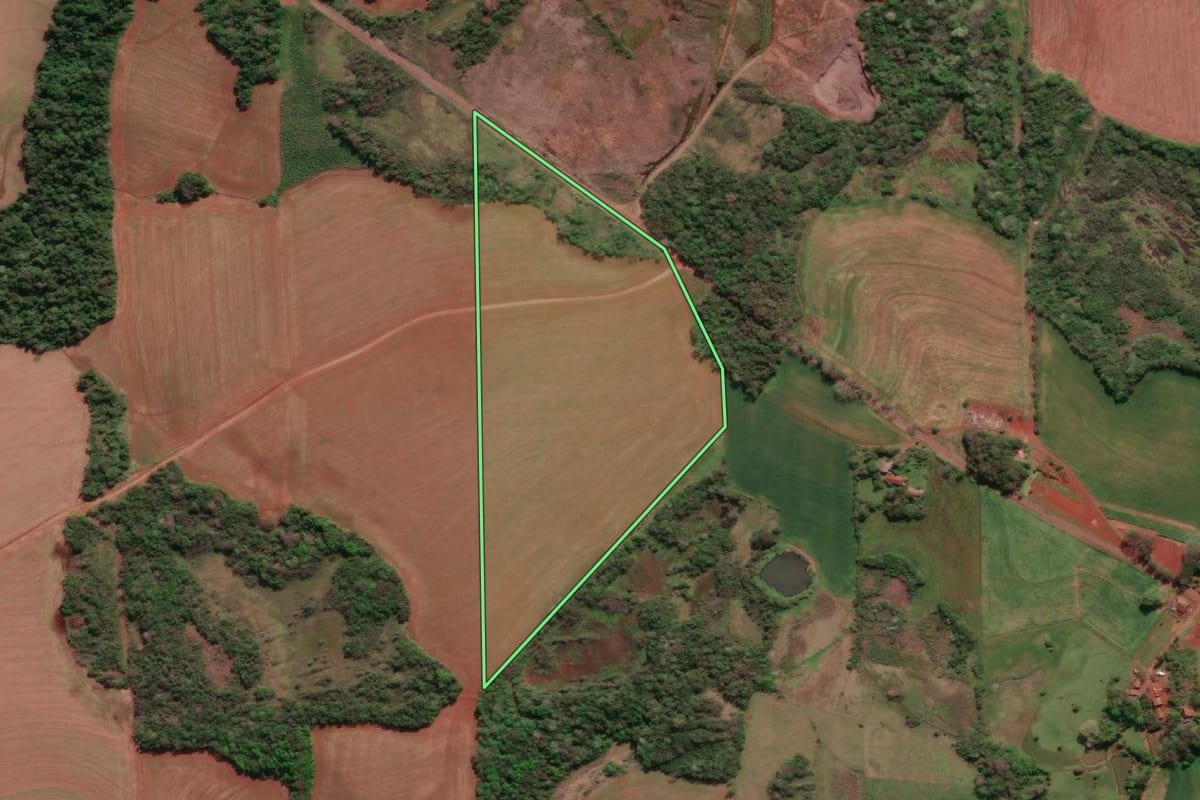 Imagem de satélite do imóvel rural em Tucunduva (RS), com o contorno declarado no CAR desenhado por cima.