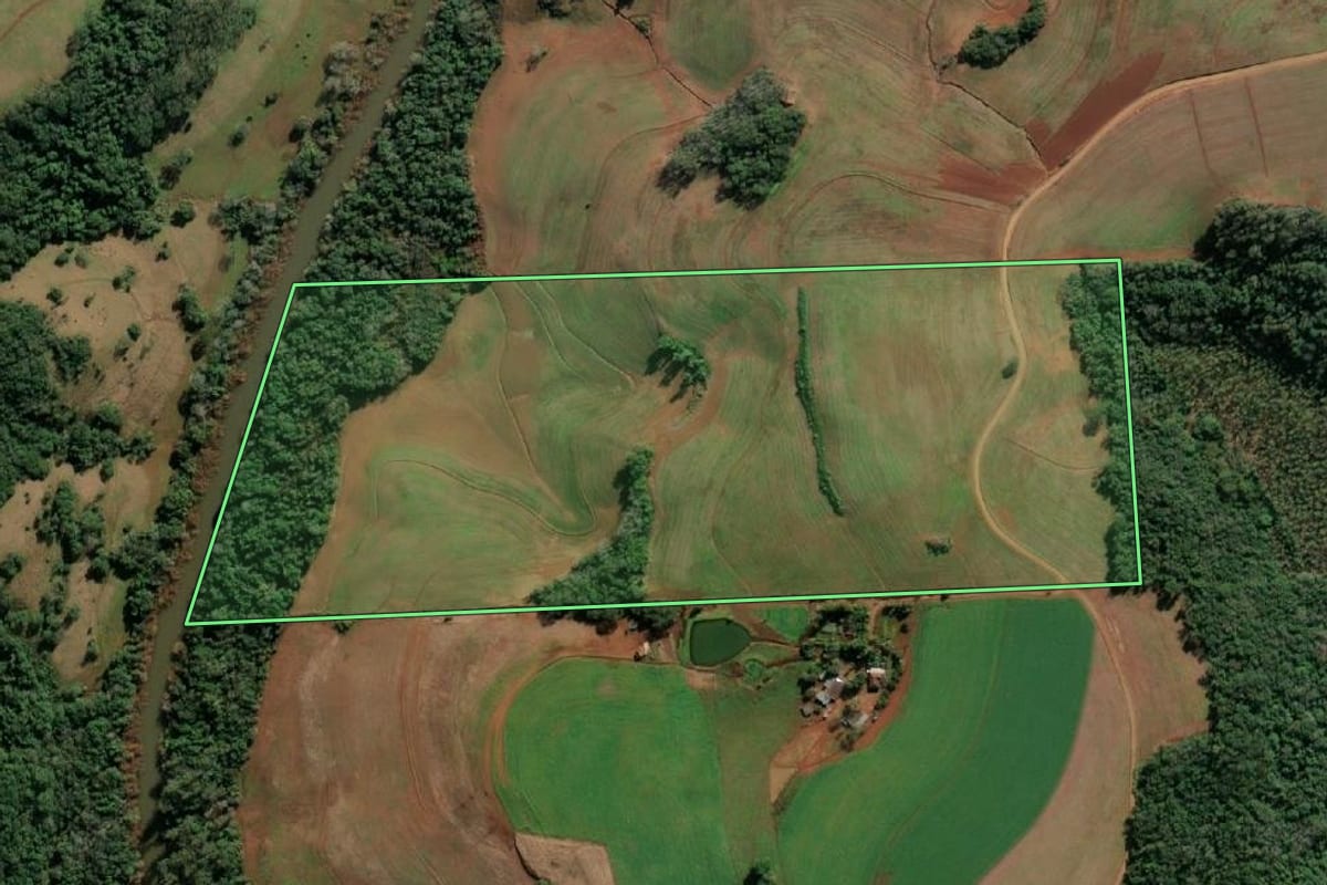 Imagem de satélite do imóvel rural em Tucunduva (RS), com o contorno declarado no CAR desenhado por cima.