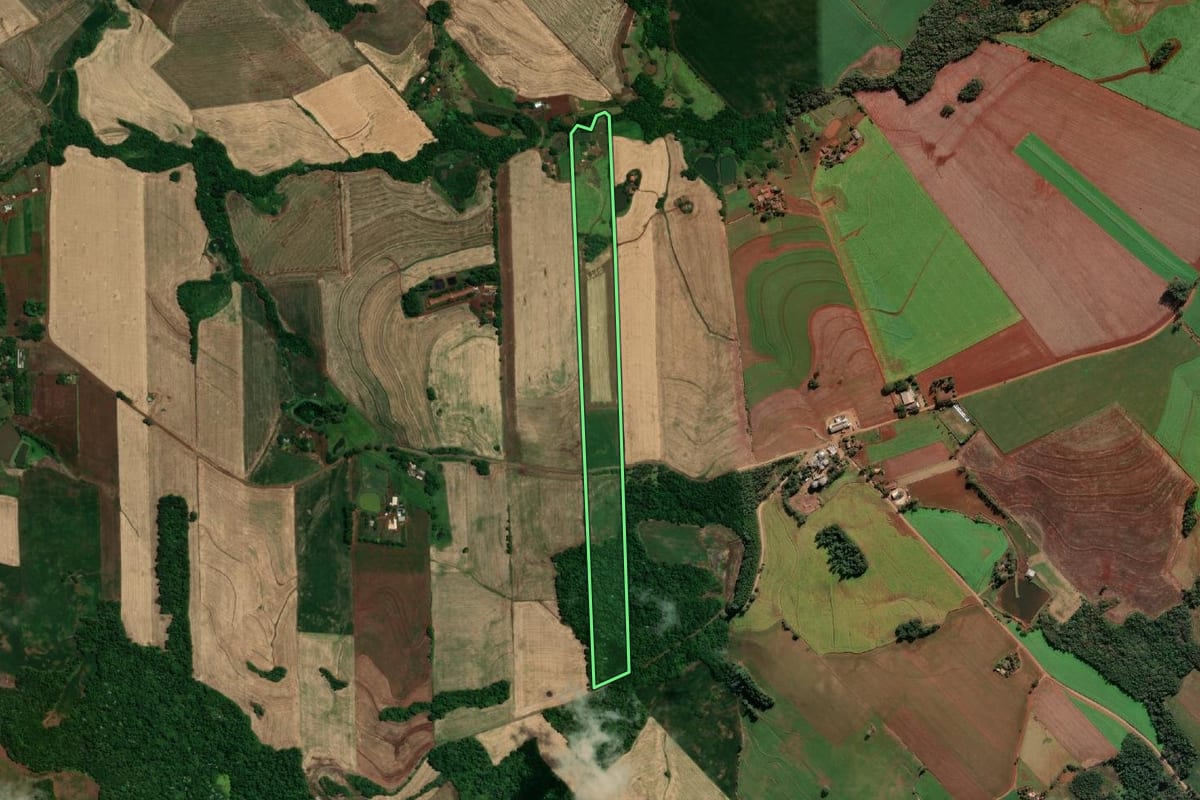 Imagem de satélite do imóvel rural em Tucunduva (RS), com o contorno declarado no CAR desenhado por cima.
