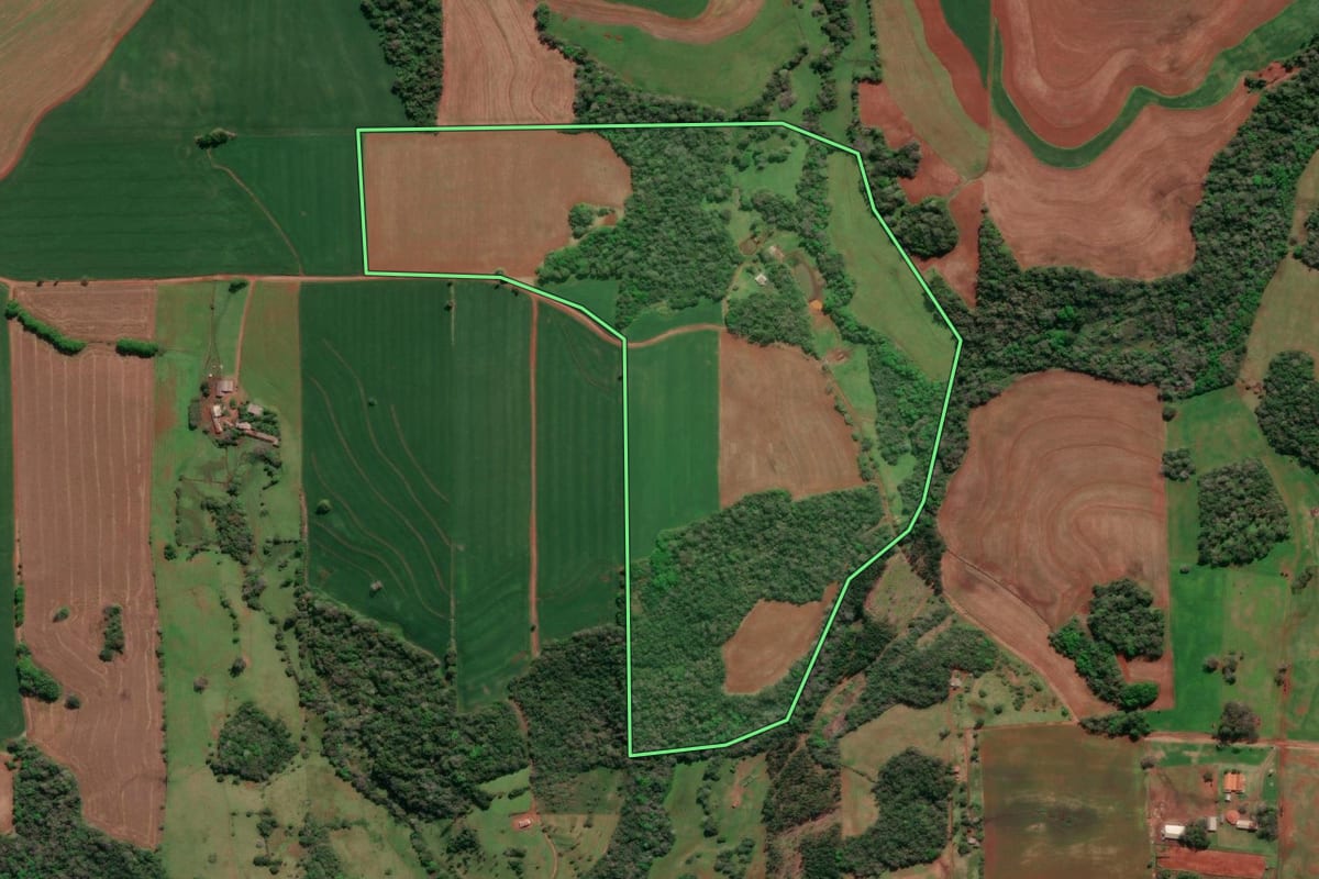 Imagem de satélite do imóvel rural em Tucunduva (RS), com o contorno declarado no CAR desenhado por cima.