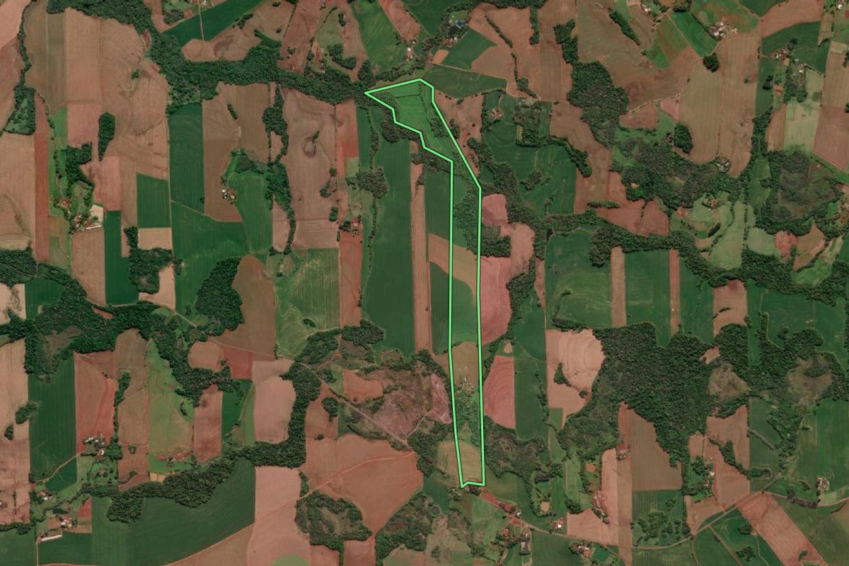 Imagem de satélite do imóvel rural em Tucunduva (RS), com o contorno declarado no CAR desenhado por cima.