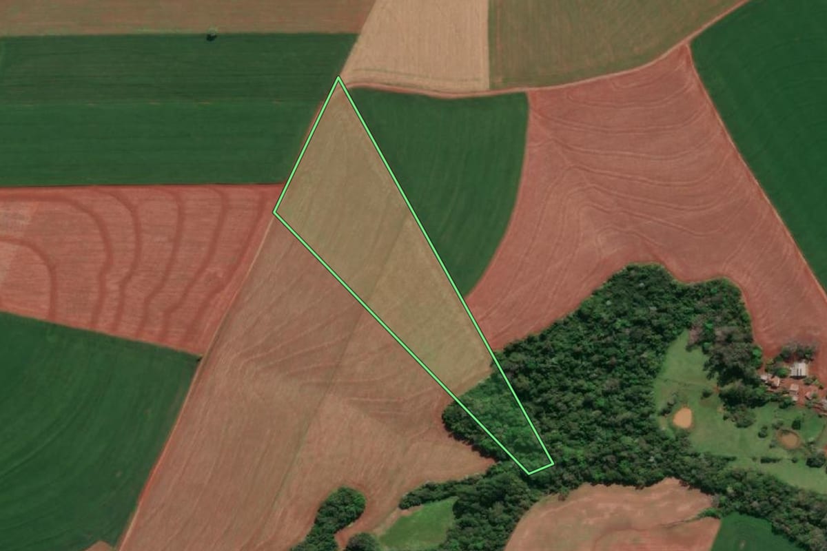 Imagem de satélite do imóvel rural em Tucunduva (RS), com o contorno declarado no CAR desenhado por cima.