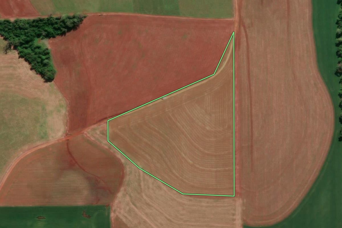 Imagem de satélite do imóvel rural em Tucunduva (RS), com o contorno declarado no CAR desenhado por cima.
