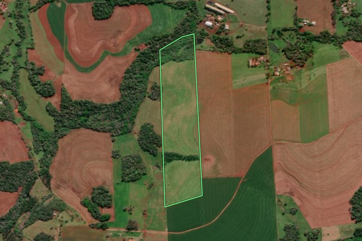 Imagem de satélite do imóvel rural em Tucunduva (RS), com o contorno declarado no CAR desenhado por cima.