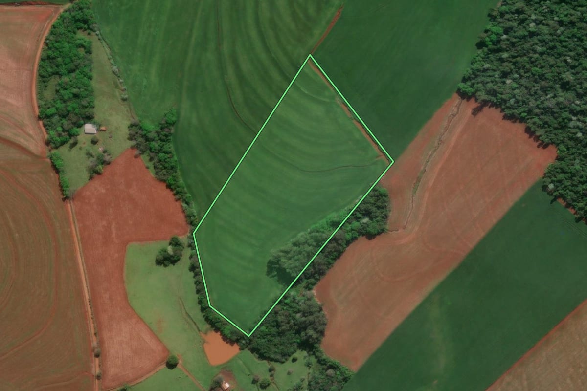 Imagem de satélite do imóvel rural em Tucunduva (RS), com o contorno declarado no CAR desenhado por cima.