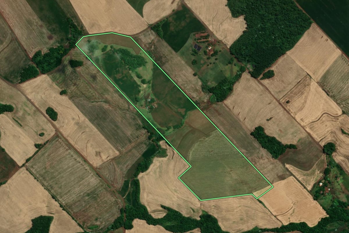 Imagem de satélite do imóvel rural em Tucunduva (RS), com o contorno declarado no CAR desenhado por cima.