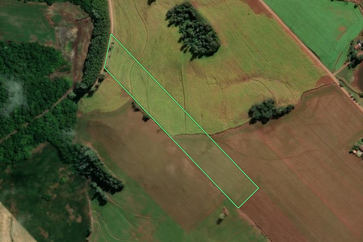 Imagem de satélite do imóvel rural em Tucunduva (RS), com o contorno declarado no CAR desenhado por cima.