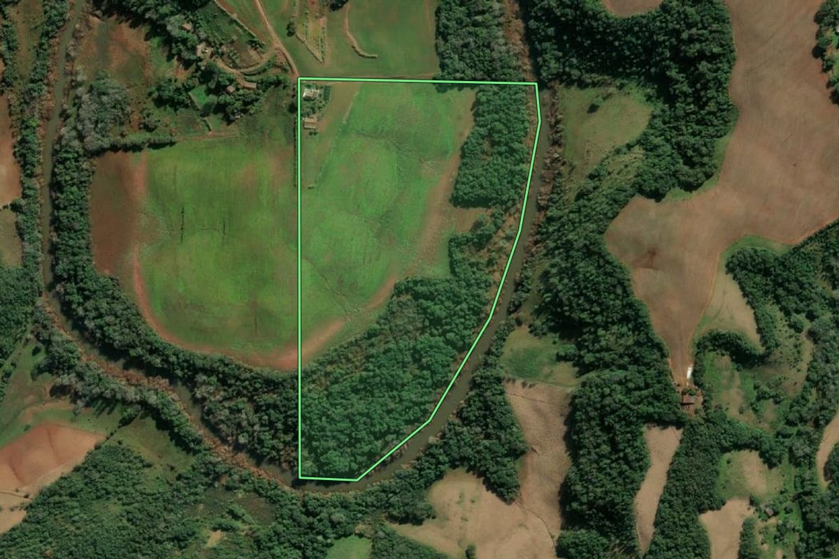 Imagem de satélite do imóvel rural em Tucunduva (RS), com o contorno declarado no CAR desenhado por cima.