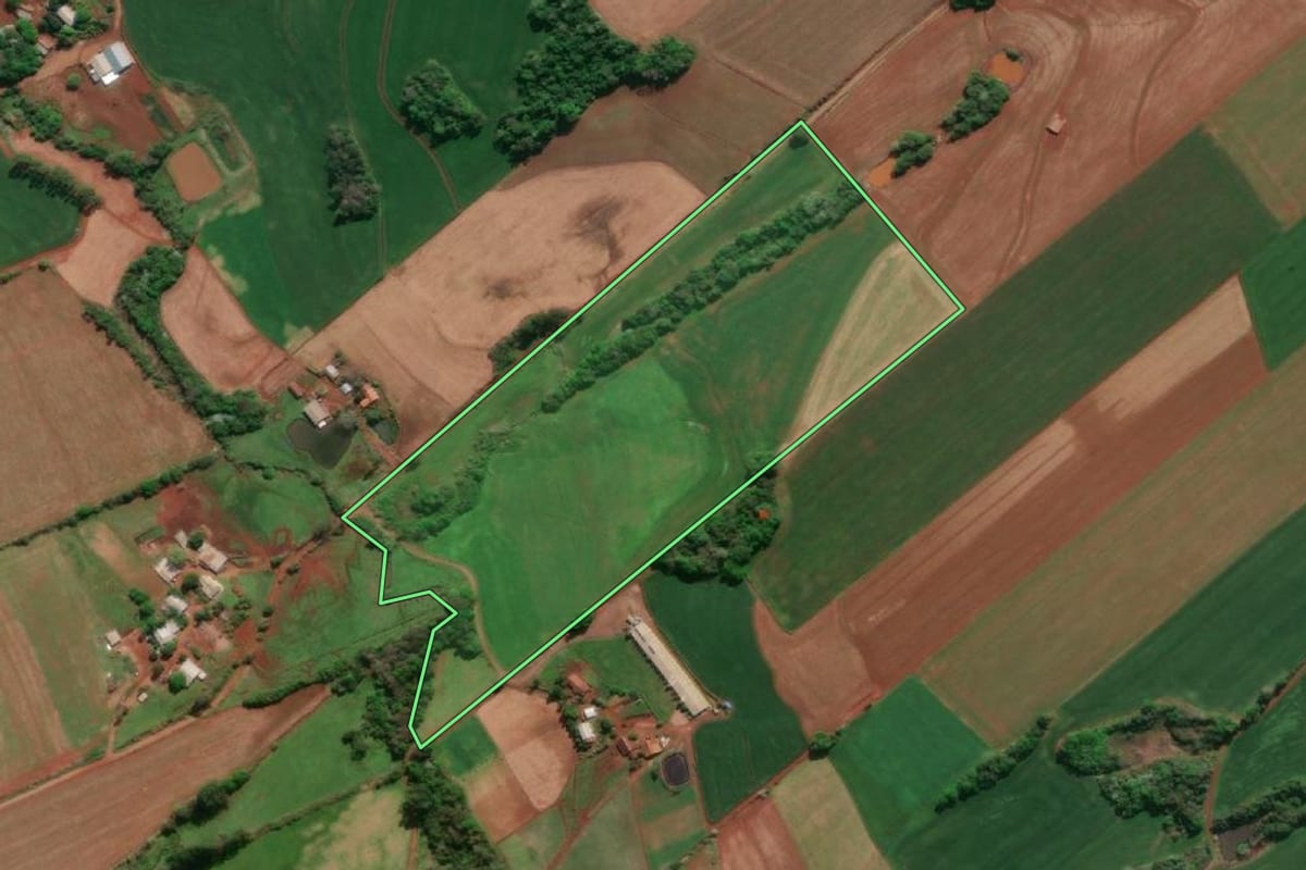 Imagem de satélite do imóvel rural em Tucunduva (RS), com o contorno declarado no CAR desenhado por cima.