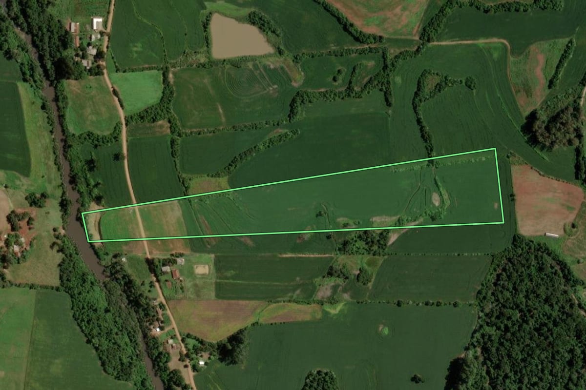 Imagem de satélite do imóvel rural em Tunas (RS), com o contorno declarado no CAR desenhado por cima.