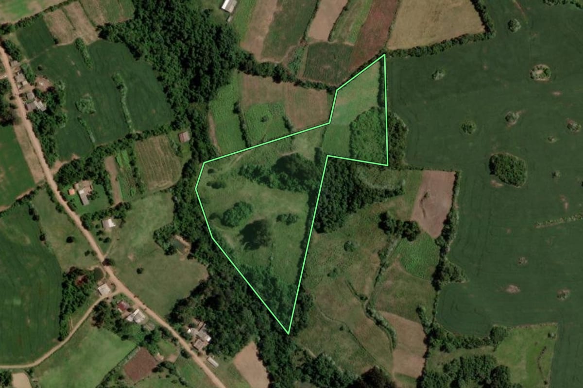 Imagem de satélite do imóvel rural em Tunas (RS), com o contorno declarado no CAR desenhado por cima.