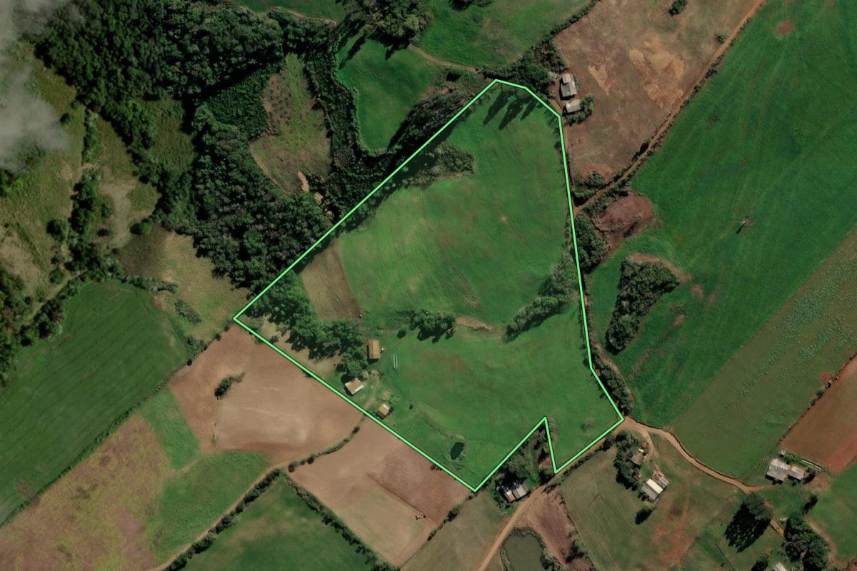 Imagem de satélite do imóvel rural em Tunas (RS), com o contorno declarado no CAR desenhado por cima.