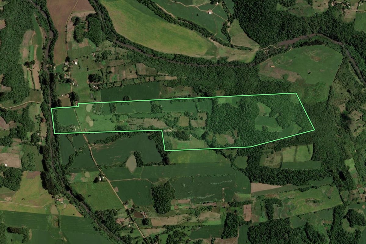 Imagem de satélite do imóvel rural em Tunas (RS), com o contorno declarado no CAR desenhado por cima.