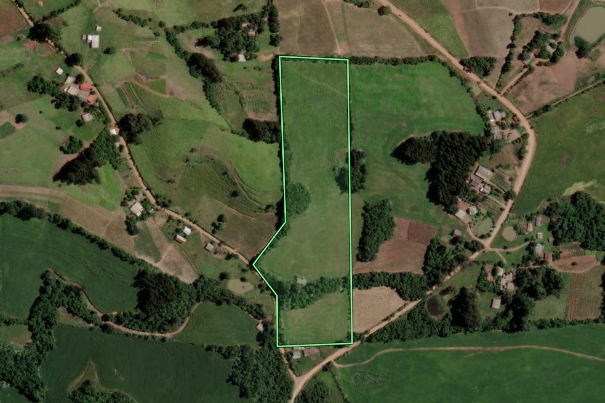 Imagem de satélite do imóvel rural em Tunas (RS), com o contorno declarado no CAR desenhado por cima.