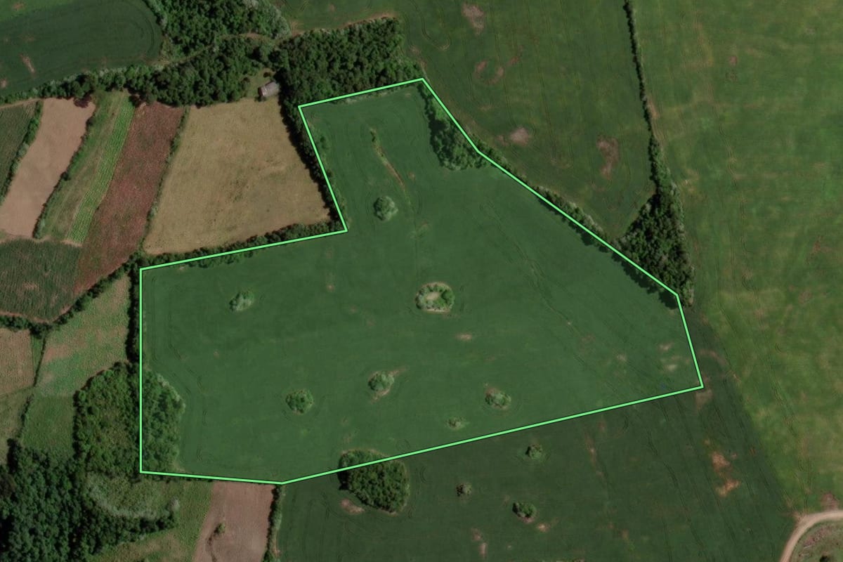 Imagem de satélite do imóvel rural em Tunas (RS), com o contorno declarado no CAR desenhado por cima.