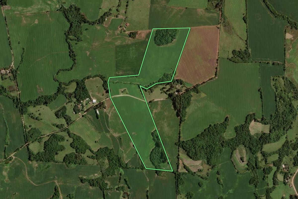 Imagem de satélite do imóvel rural em Tunas (RS), com o contorno declarado no CAR desenhado por cima.