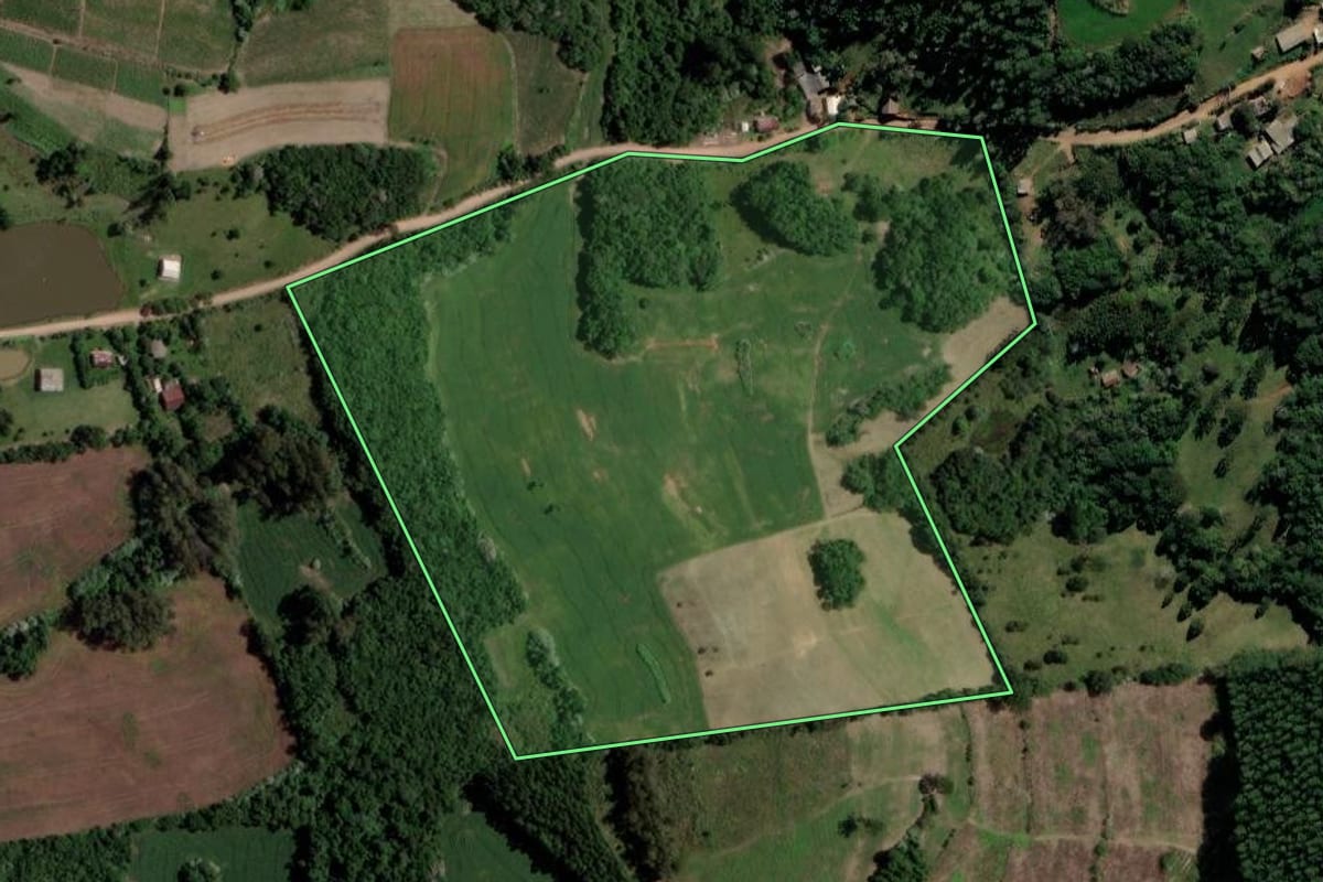 Imagem de satélite do imóvel rural em Tunas (RS), com o contorno declarado no CAR desenhado por cima.