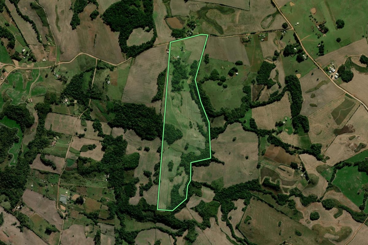 Imagem de satélite do imóvel rural em Tunas (RS), com o contorno declarado no CAR desenhado por cima.