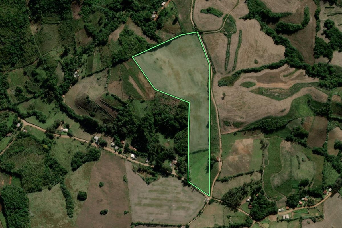 Imagem de satélite do imóvel rural em Tunas (RS), com o contorno declarado no CAR desenhado por cima.