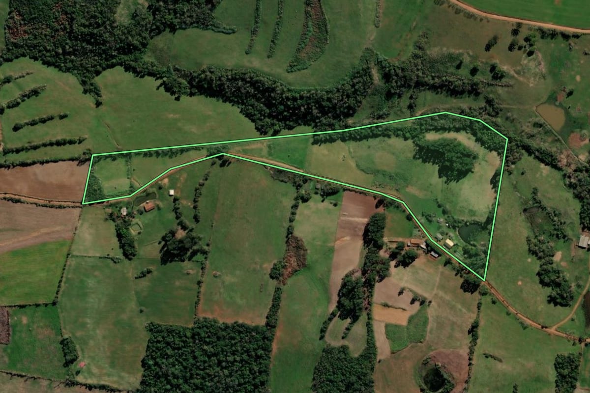 Imagem de satélite do imóvel rural em Tunas (RS), com o contorno declarado no CAR desenhado por cima.