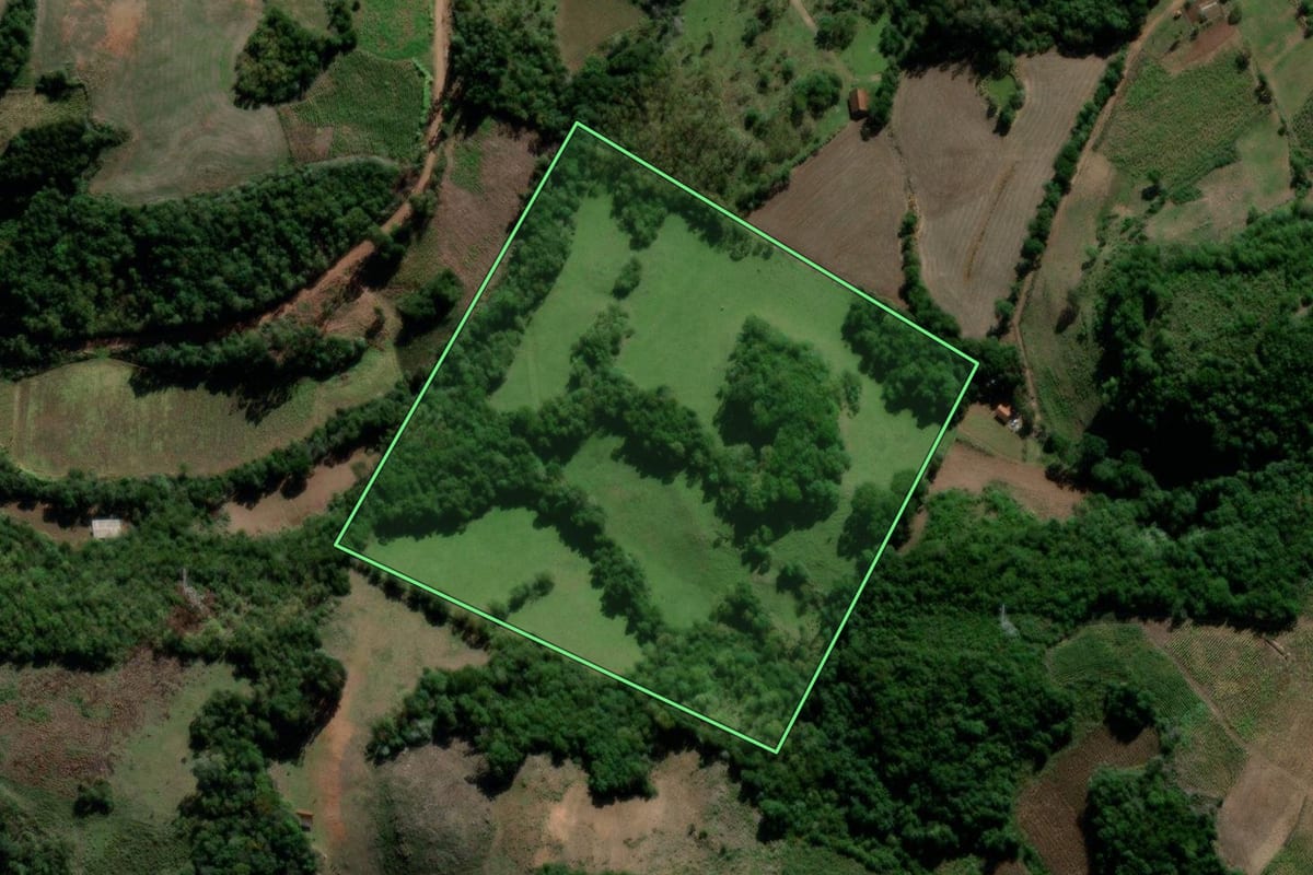 Imagem de satélite do imóvel rural em Tunas (RS), com o contorno declarado no CAR desenhado por cima.