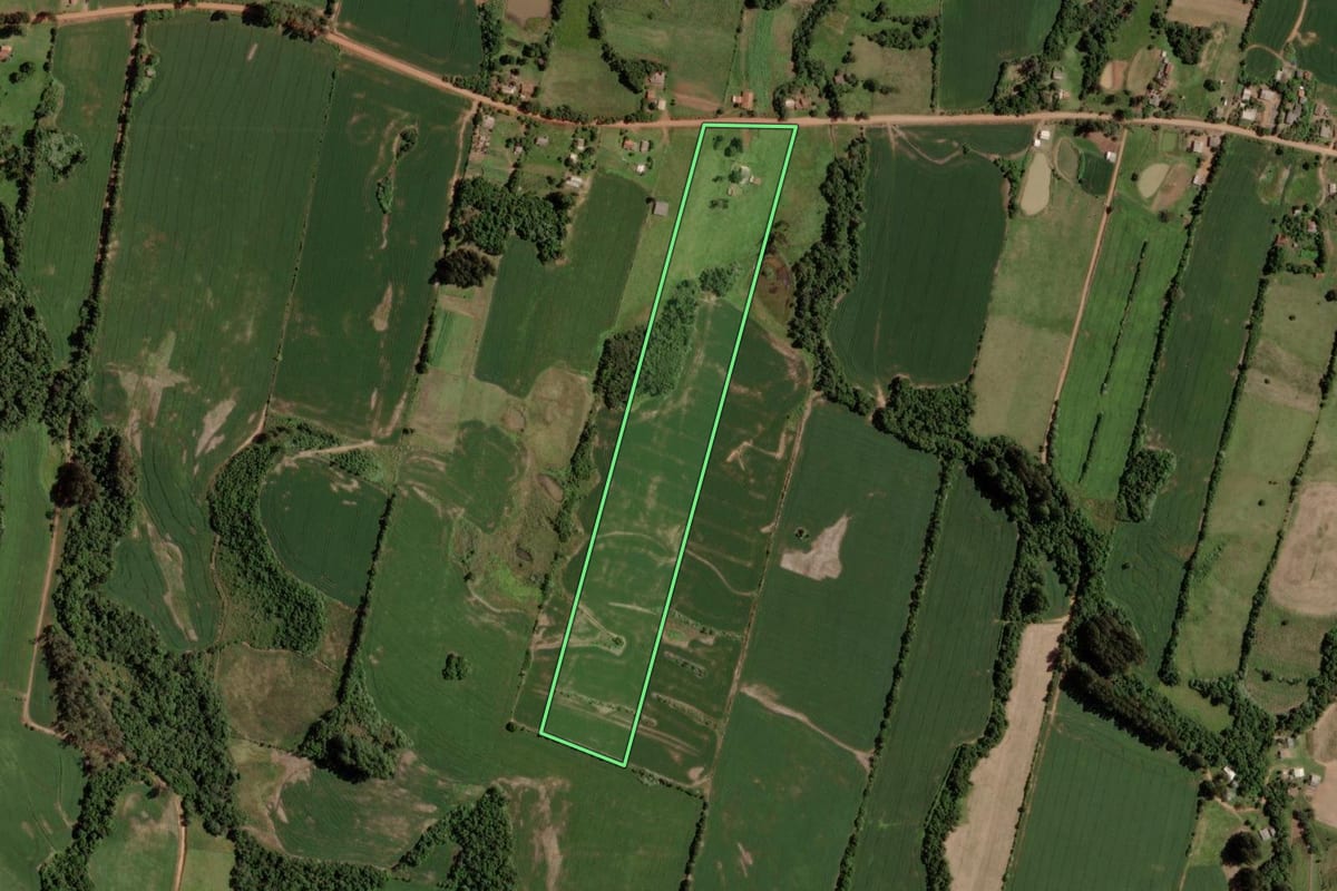 Imagem de satélite do imóvel rural em Tunas (RS), com o contorno declarado no CAR desenhado por cima.