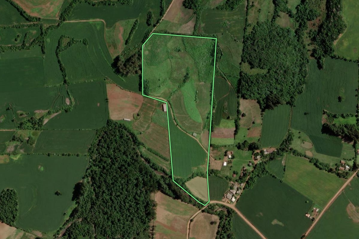 Imagem de satélite do imóvel rural em Tunas (RS), com o contorno declarado no CAR desenhado por cima.