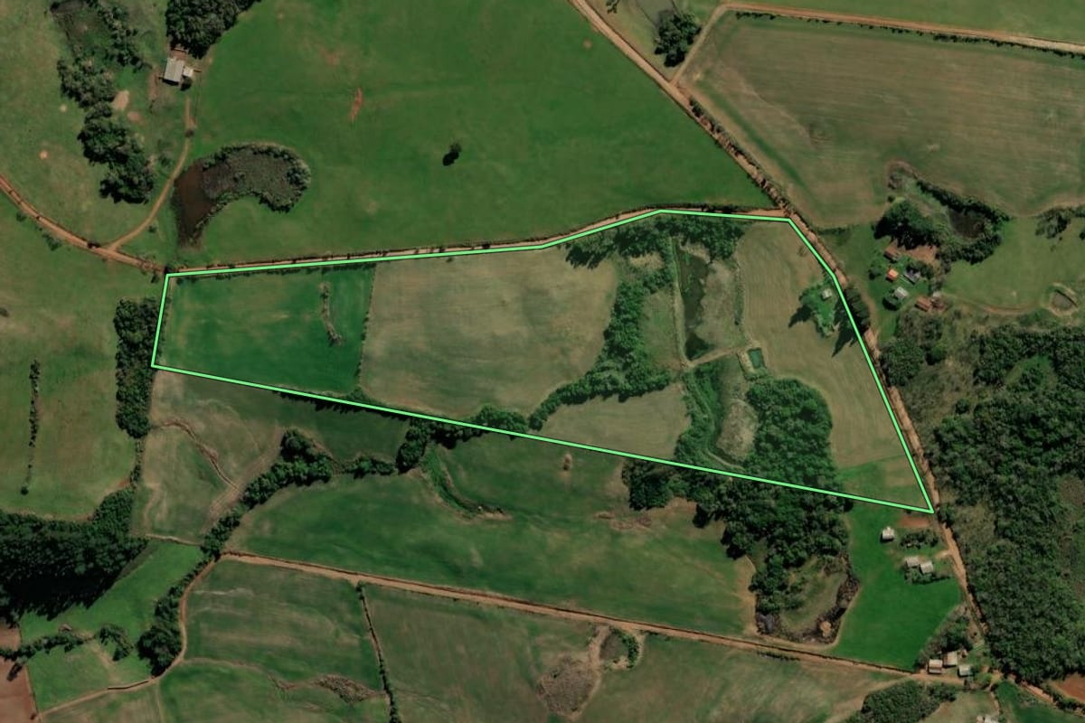 Imagem de satélite do imóvel rural em Tunas (RS), com o contorno declarado no CAR desenhado por cima.