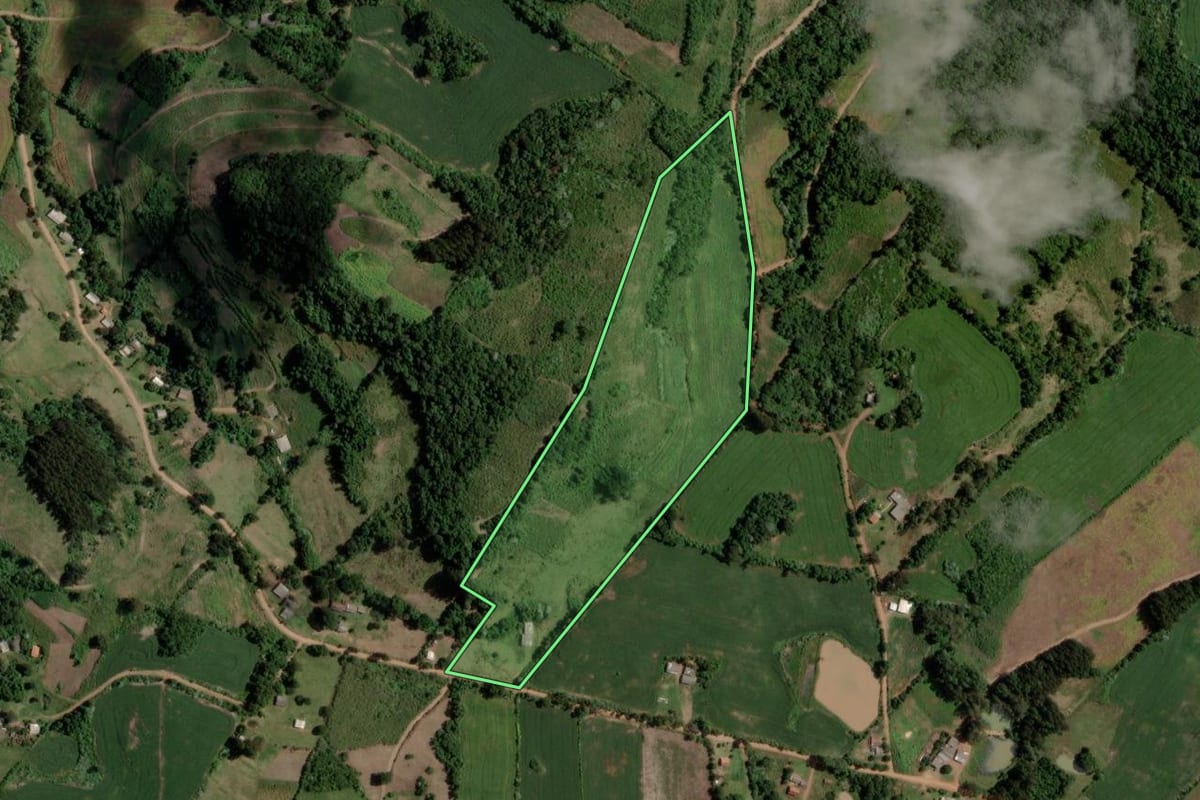 Imagem de satélite do imóvel rural em Tunas (RS), com o contorno declarado no CAR desenhado por cima.
