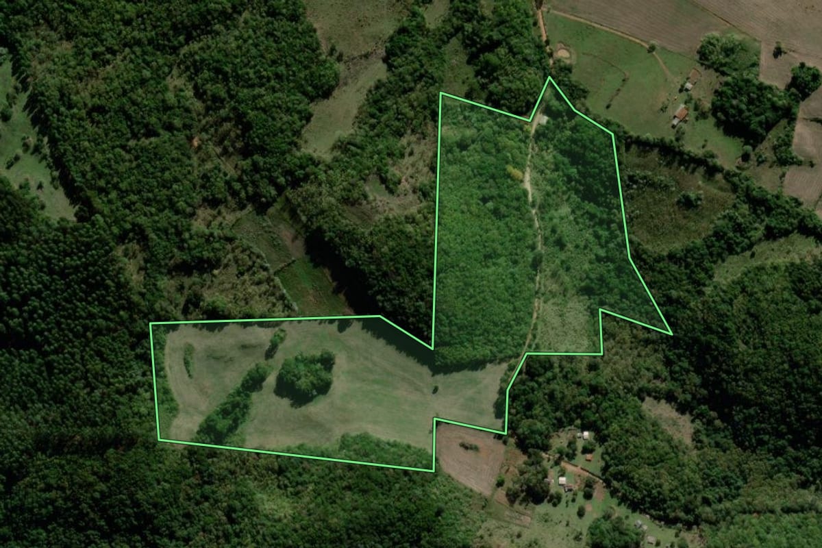 Imagem de satélite do imóvel rural em Tunas (RS), com o contorno declarado no CAR desenhado por cima.