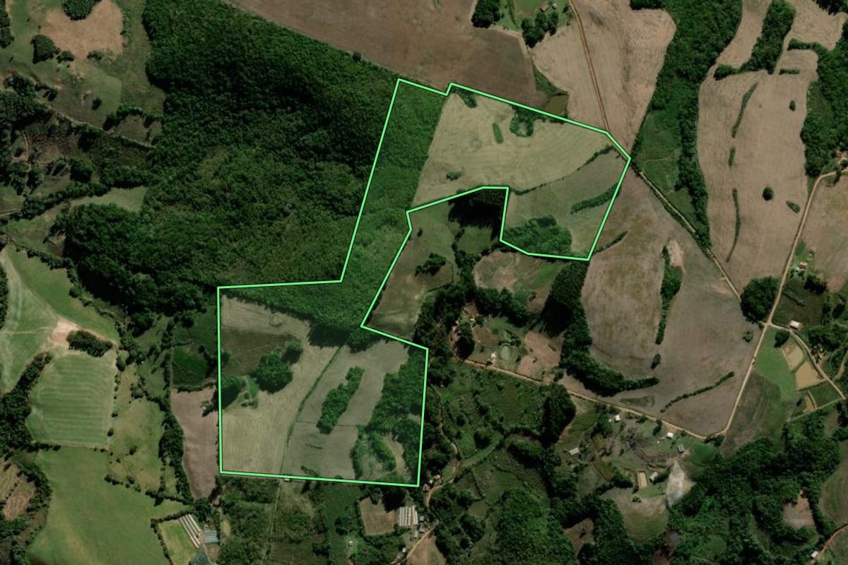 Imagem de satélite do imóvel rural em Tunas (RS), com o contorno declarado no CAR desenhado por cima.
